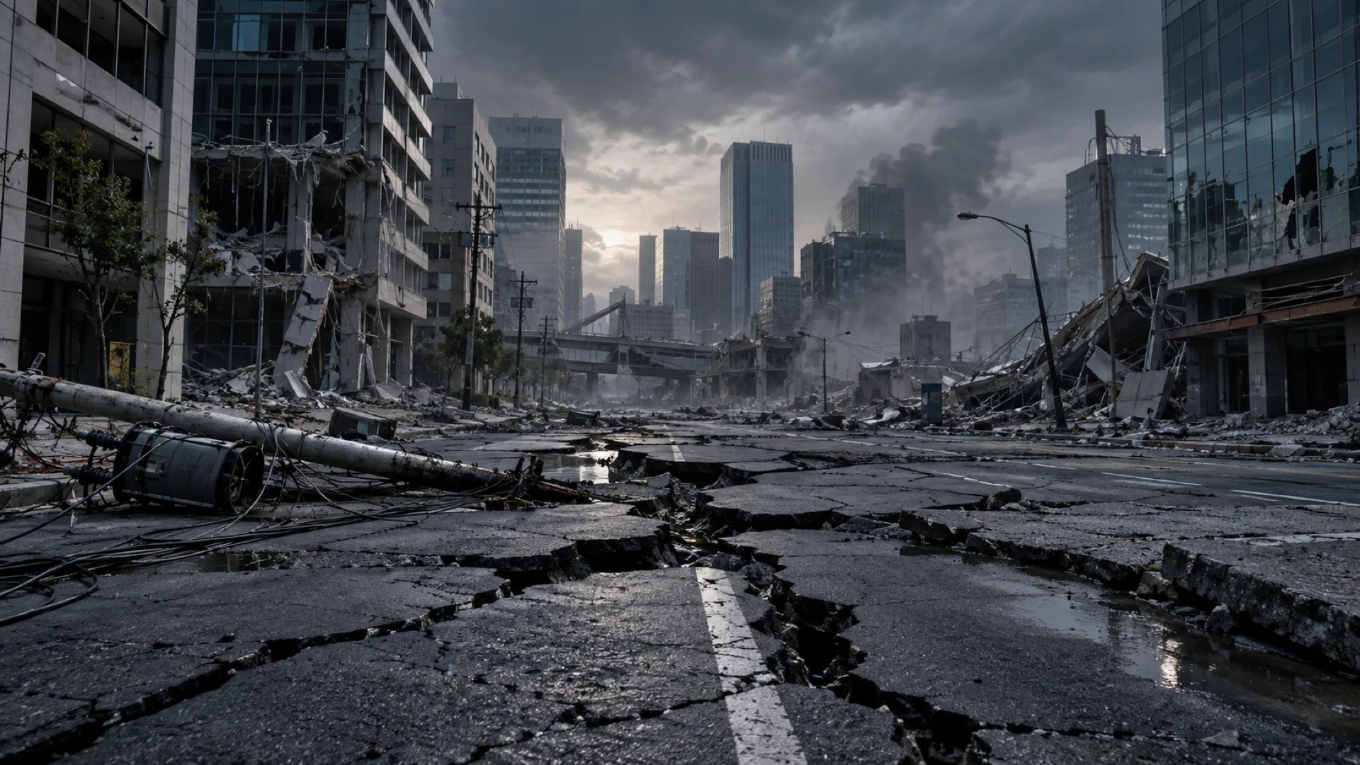 Earthquake damage affecting commercial buildings, roads and utilities