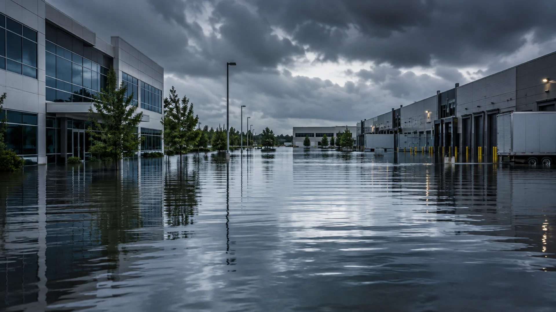 Floodwater disrupting a business and industrial district