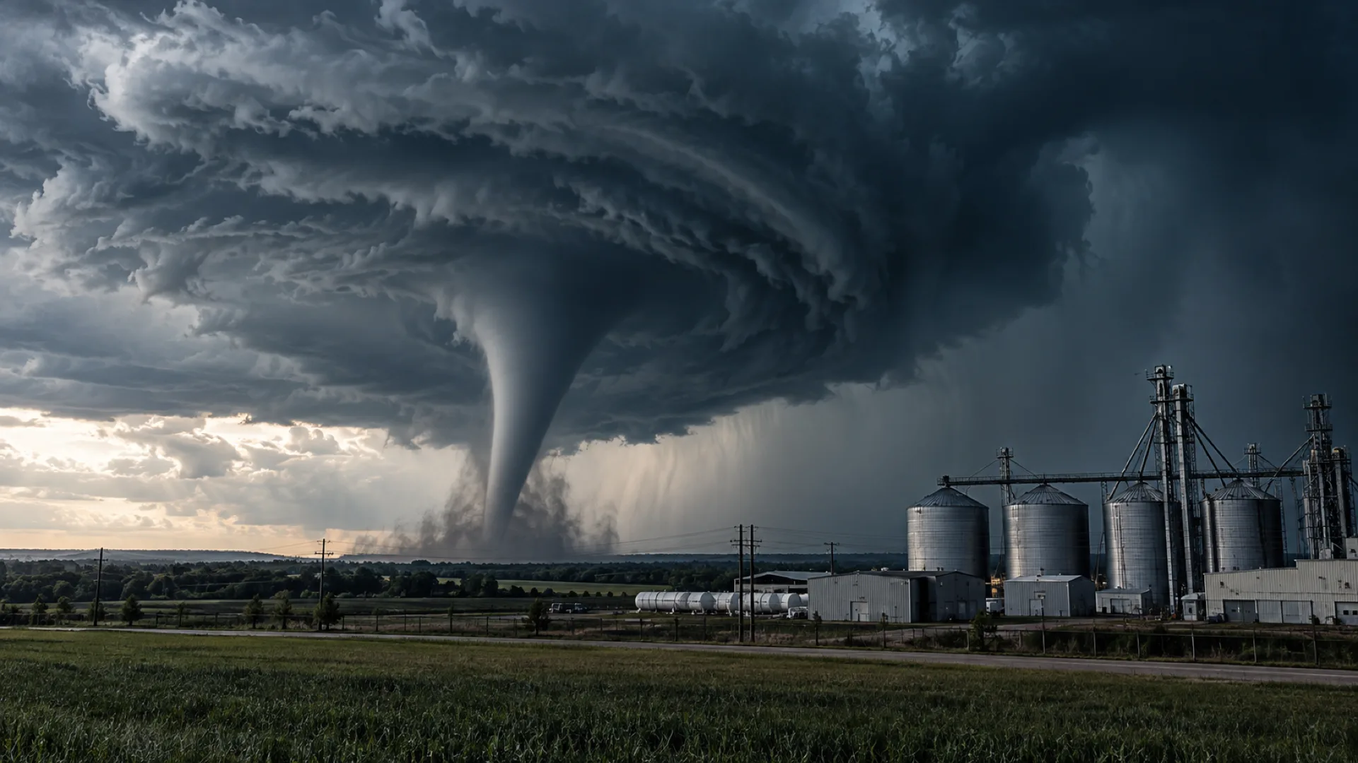 A tornado approaching commercial and agricultural infrastructure